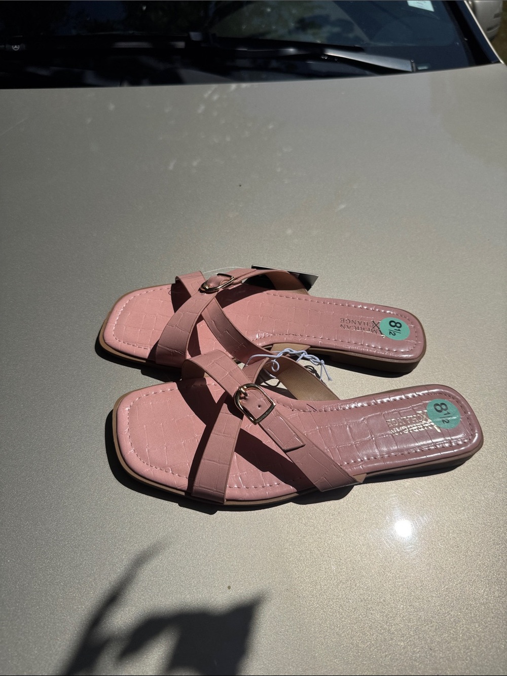 American Exchange Pink Croc-Embossed Buckle Slide Sandals